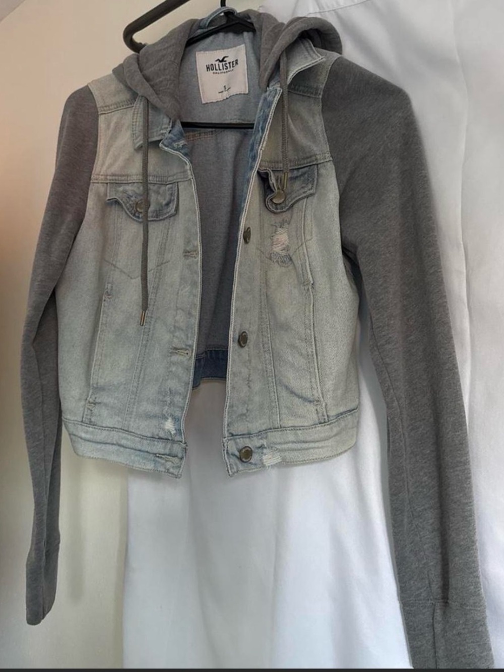 Hollister Light Wash Denim Jacket with Gray Hoodie Sleeves